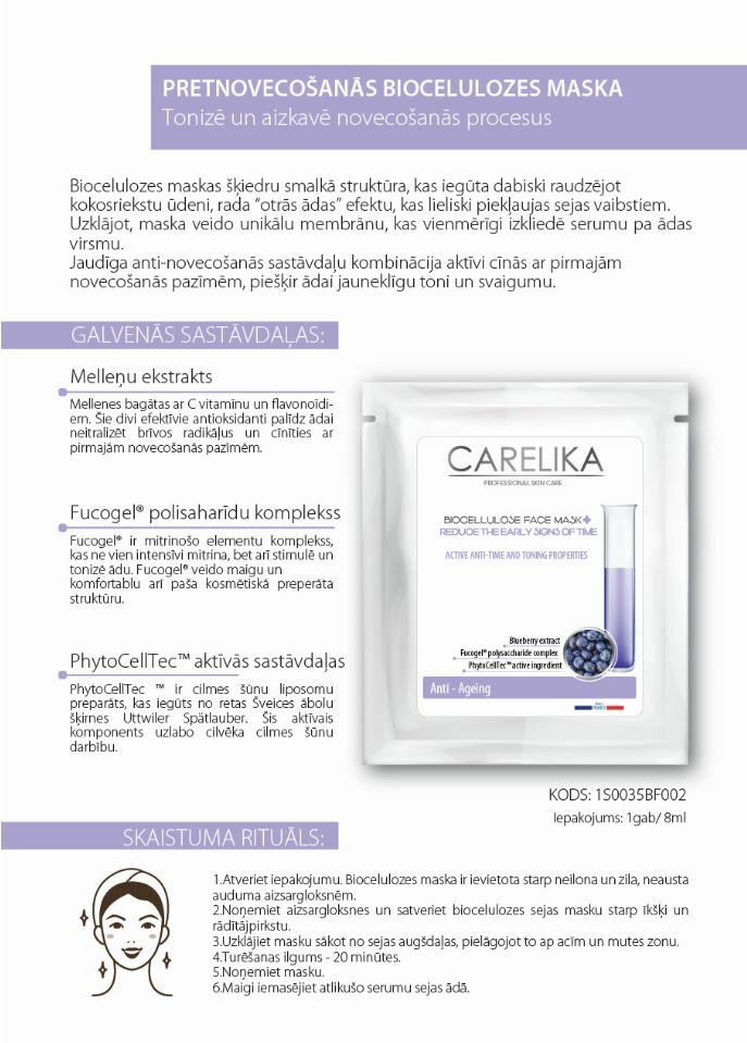 CARELIKA Anti-ageing biocellulose face mask, 8ml