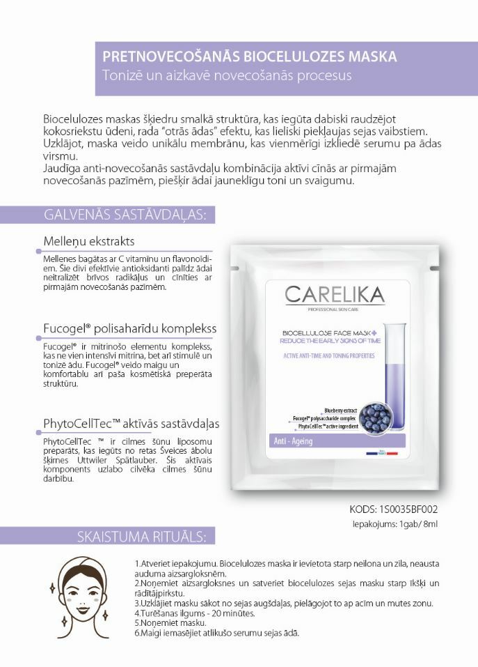 CARELIKA Anti-ageing biocellulose face and neck mask, 18ml